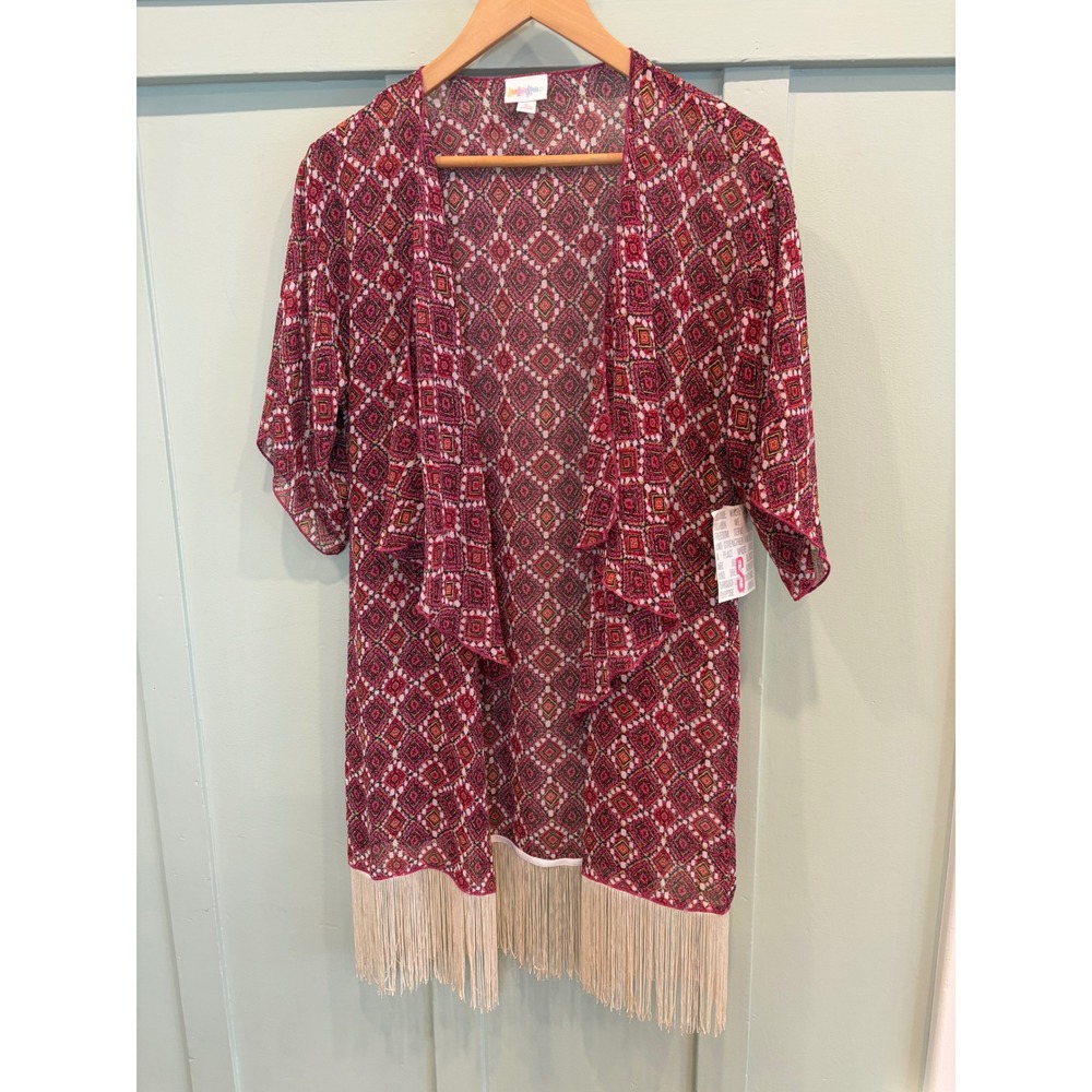 LuLaRoe Monroe Pink Geometric Fringe Kimono Boho Festival Cover Up NWT S